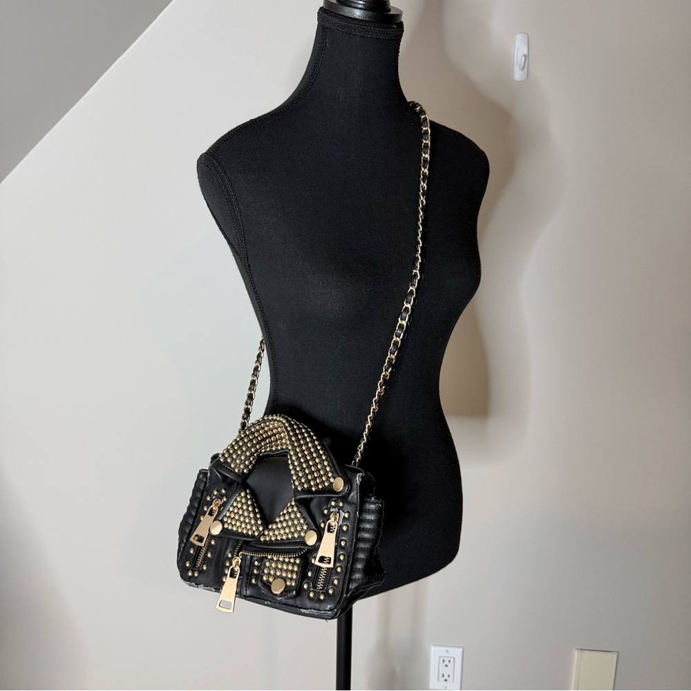 AMEILIYAR Black Vegan Leather Gold Toned Stud Biker Jacket Crossbody Bag *FLAW* - Picture 2 of 15